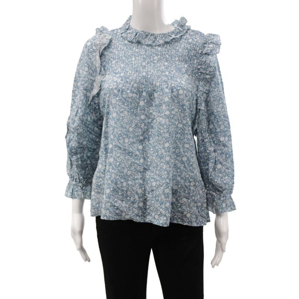 Doen Womens Bohemian Floral High Neck Long Sleeve Blouse Light Blue Size XS